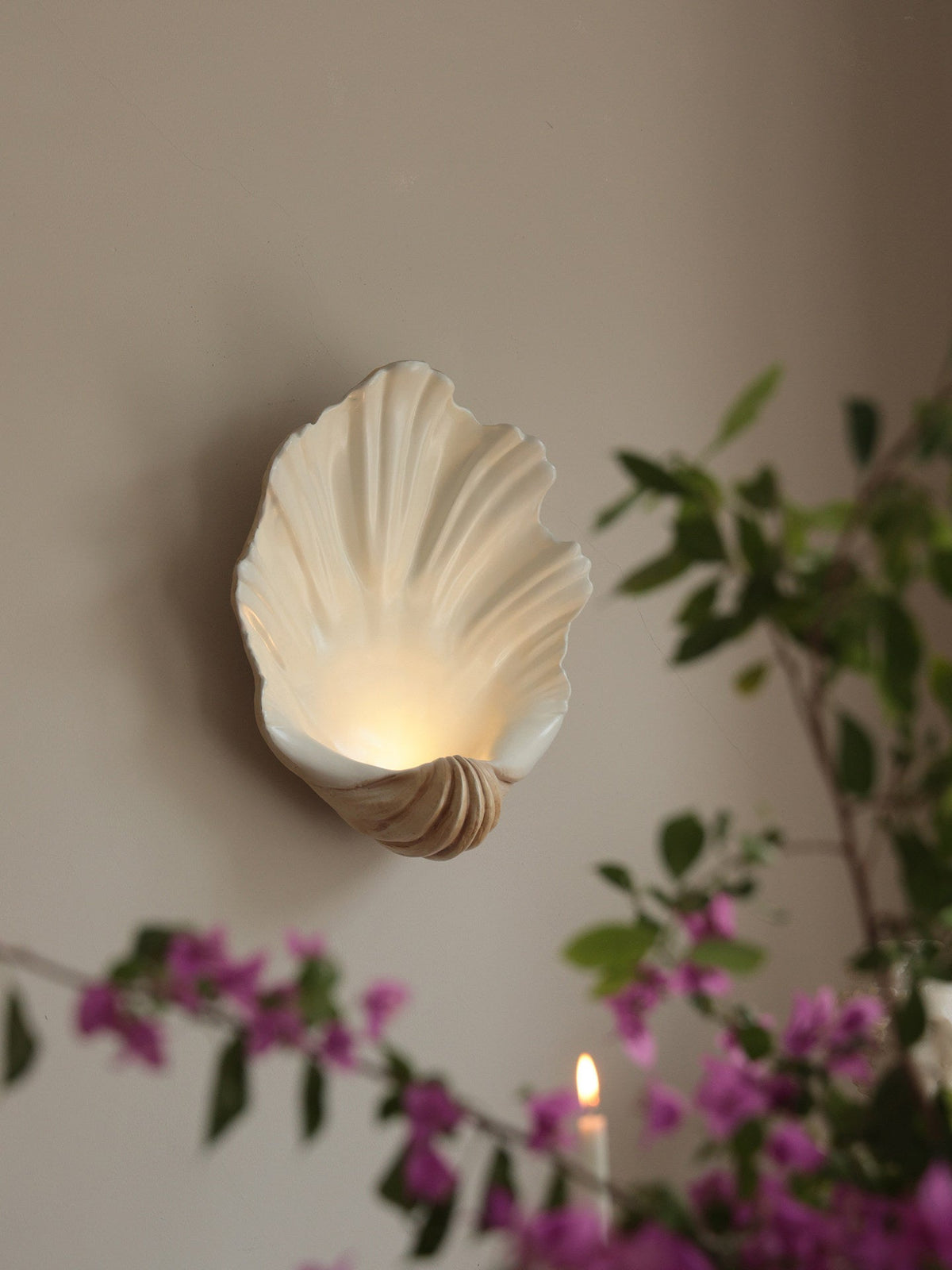Coastal Seashell Wall Light with Wood Base — Cream Resin Sconce for Bedroom, Living Room, Hallway — Hardwired or Battery Operated Accent | Lonoma
