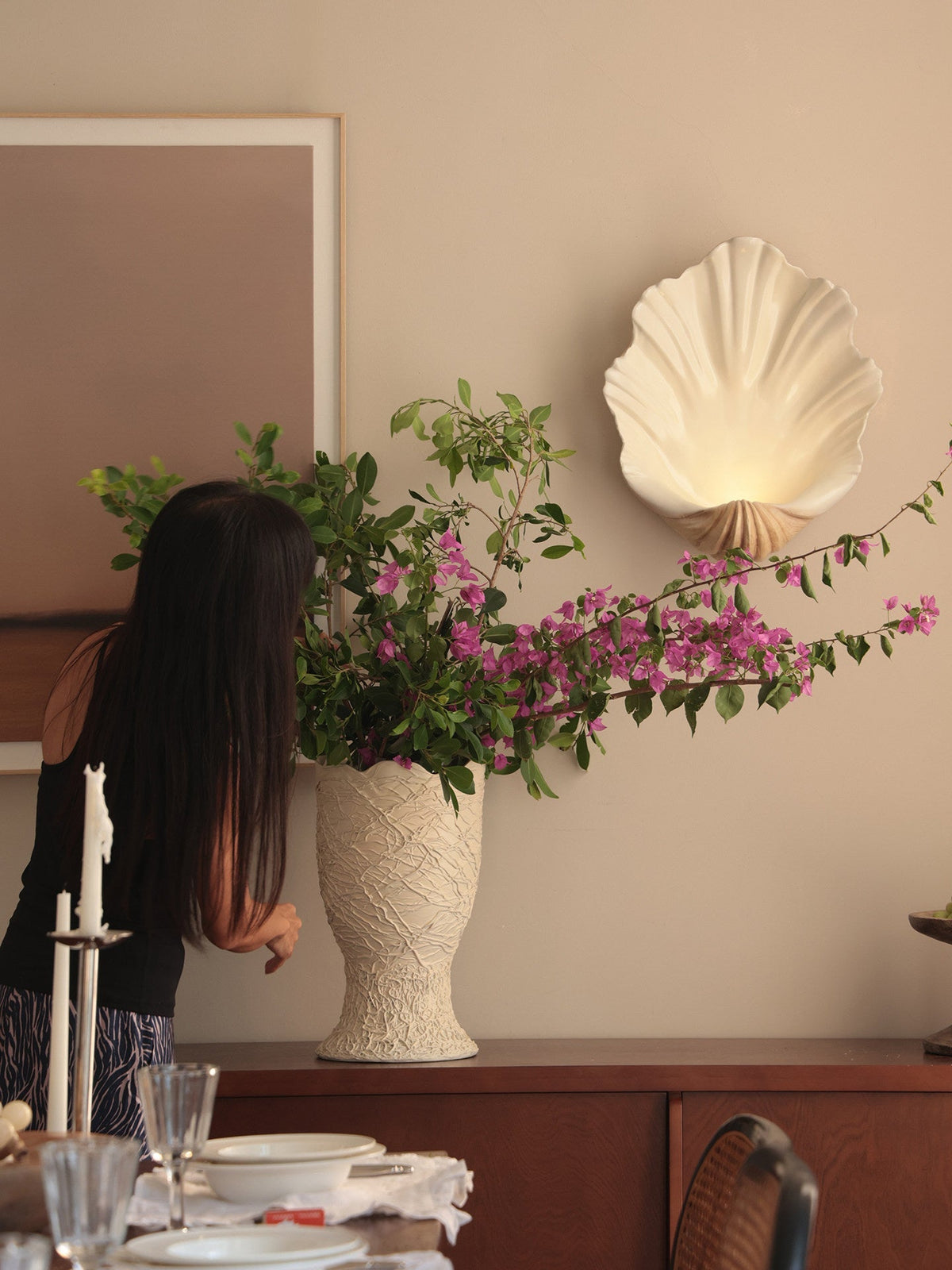 Coastal Seashell Wall Light with Wood Base — Cream Resin Sconce for Bedroom, Living Room, Hallway — Hardwired or Battery Operated Accent | Lonoma