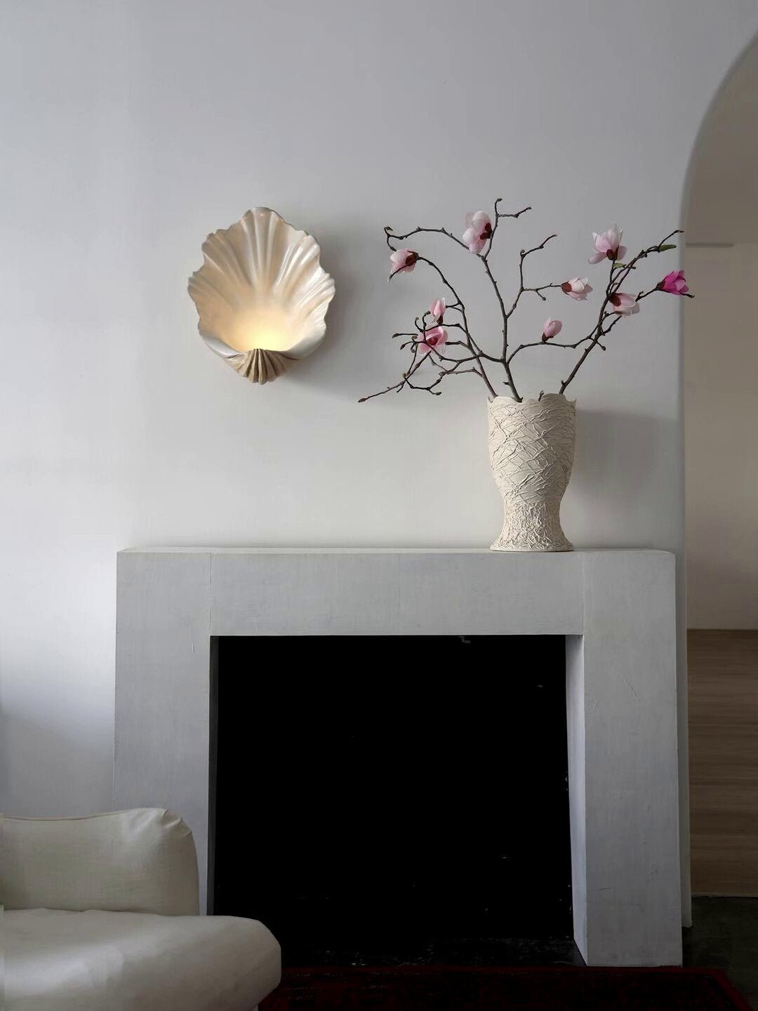 Coastal Seashell Wall Light with Wood Base — Cream Resin Sconce for Bedroom, Living Room, Hallway — Hardwired or Battery Operated Accent | Lonoma