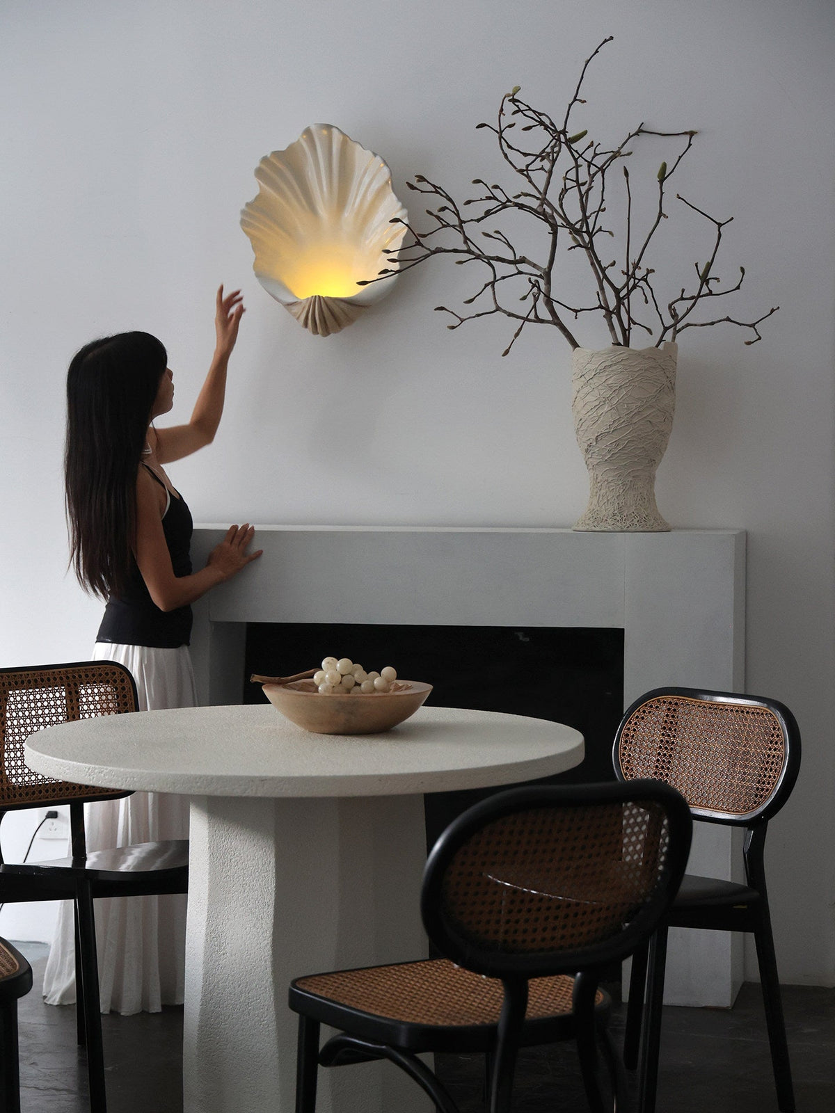 Coastal Seashell Wall Light with Wood Base — Cream Resin Sconce for Bedroom, Living Room, Hallway — Hardwired or Battery Operated Accent | Lonoma