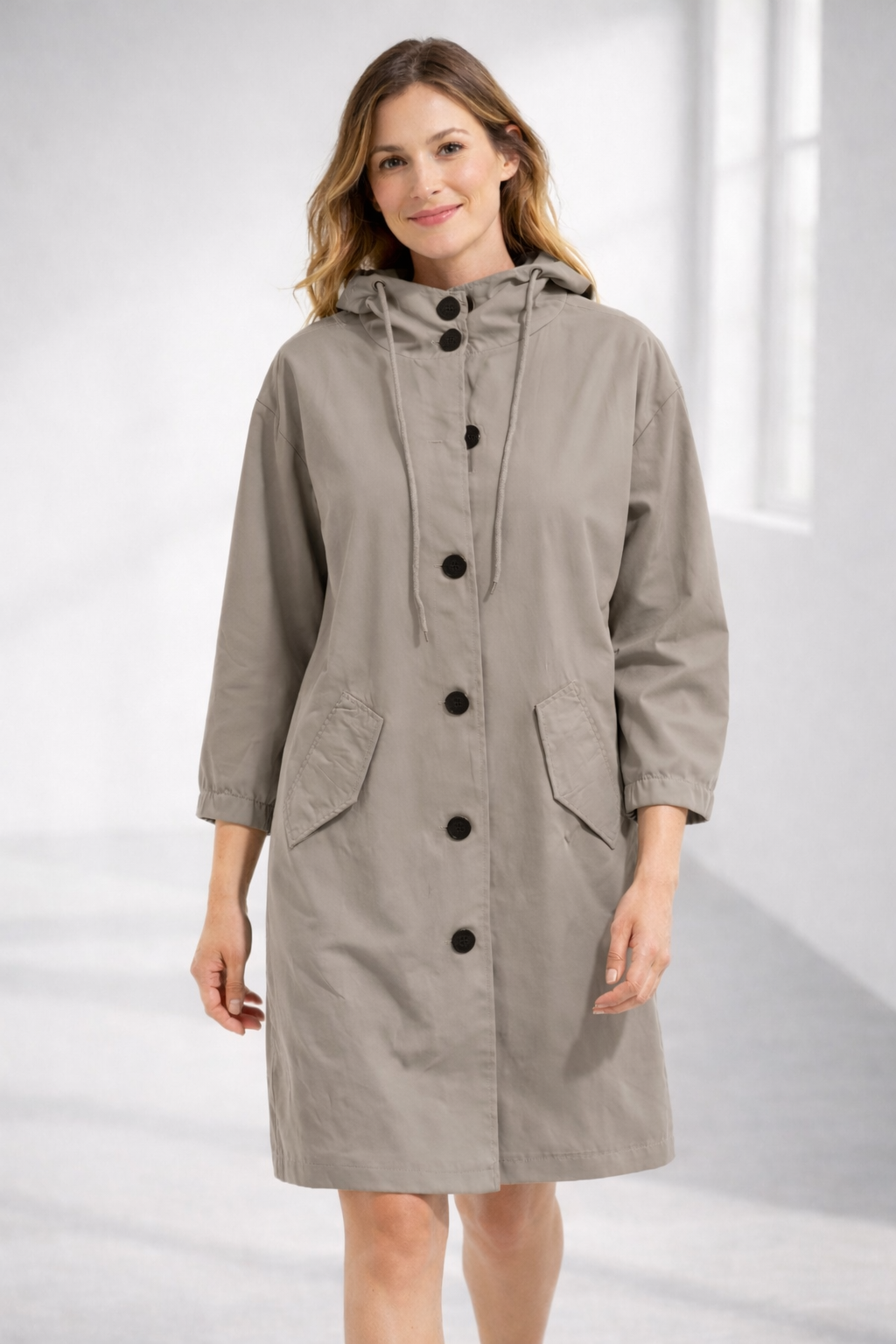 Women's Mid-Length Hooded Jacket — Relaxed Fit Button-Front Coat for Everyday & Transitional Weather | Koossa