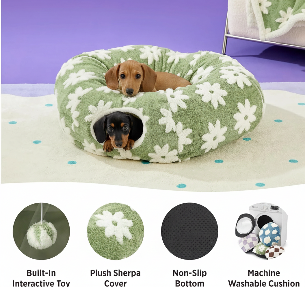 Dachshund Tunnel Bed 3-in-1 Sherpa Fleece Convertible Burrow Hideout Play Tunnel Dog Cave Bed Non-Slip Washable | Koossa
