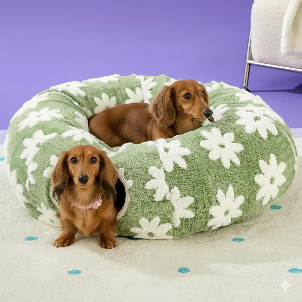 Dachshund Tunnel Bed 3-in-1 Sherpa Fleece Convertible Burrow Hideout Play Tunnel Dog Cave Bed Non-Slip Washable | Koossa