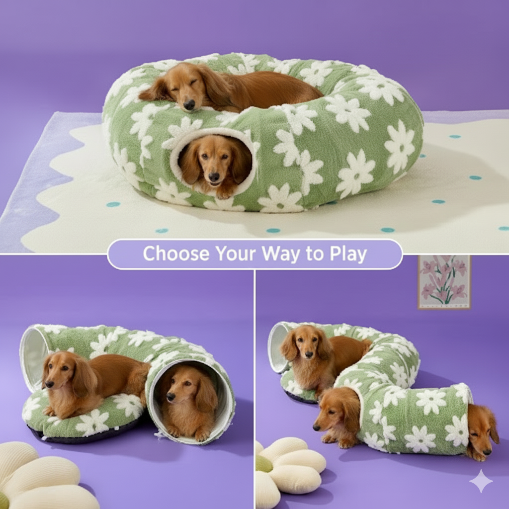Dachshund Tunnel Bed 3-in-1 Sherpa Fleece Convertible Burrow Hideout Play Tunnel Dog Cave Bed Non-Slip Washable | Koossa
