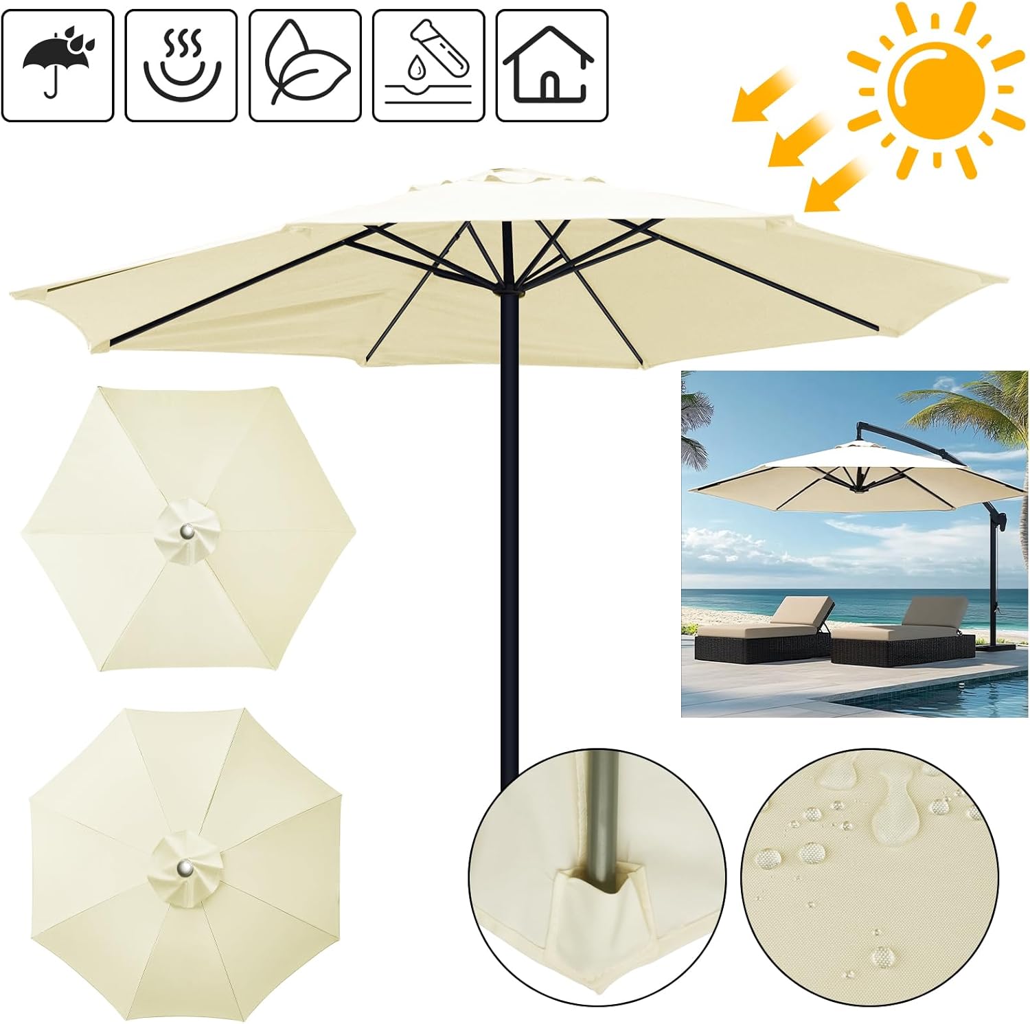 Toile de remplacement pour parasol 6 ou 8 baleines déperlante avec aération circulaire de 2 à 3 mètres | Koossa