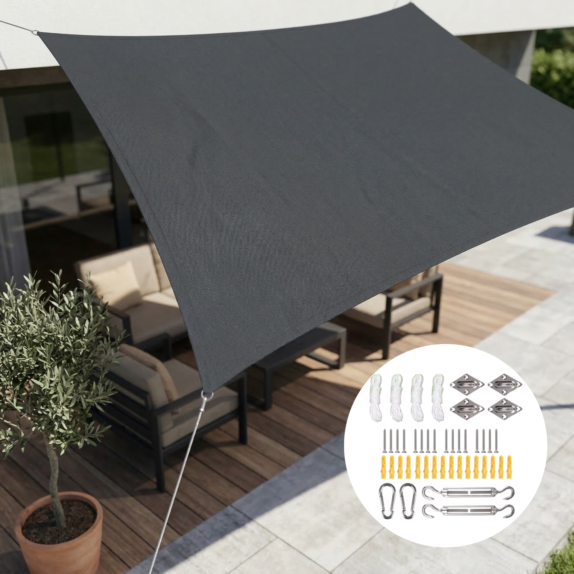 Voile d'ombrage rectangulaire étanche en polyester enduit PU avec protection UV pour terrasse balcon et jardin | Koossa