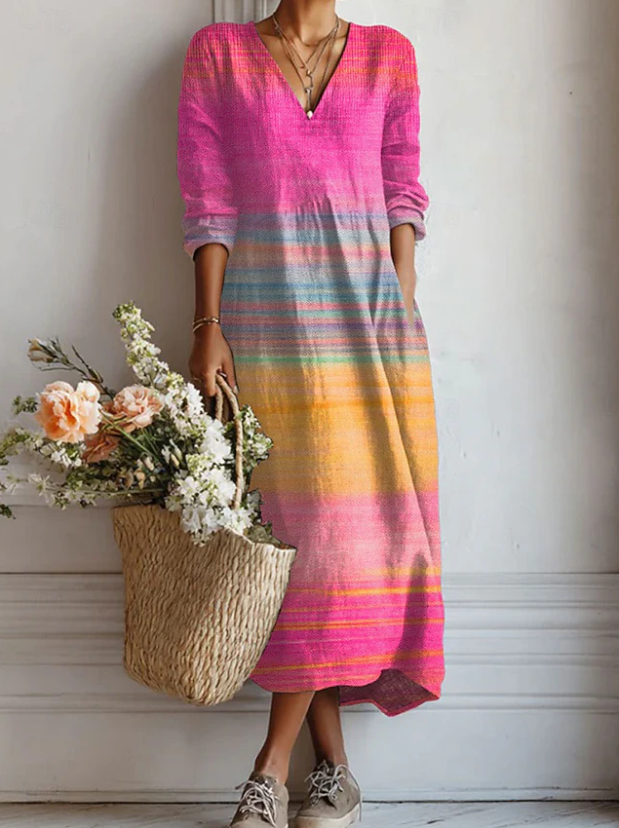Women's V-Neck Dress with Pockets in Multicolour Pink for Everyday Comfort and Effortless Casual Style | Koossa