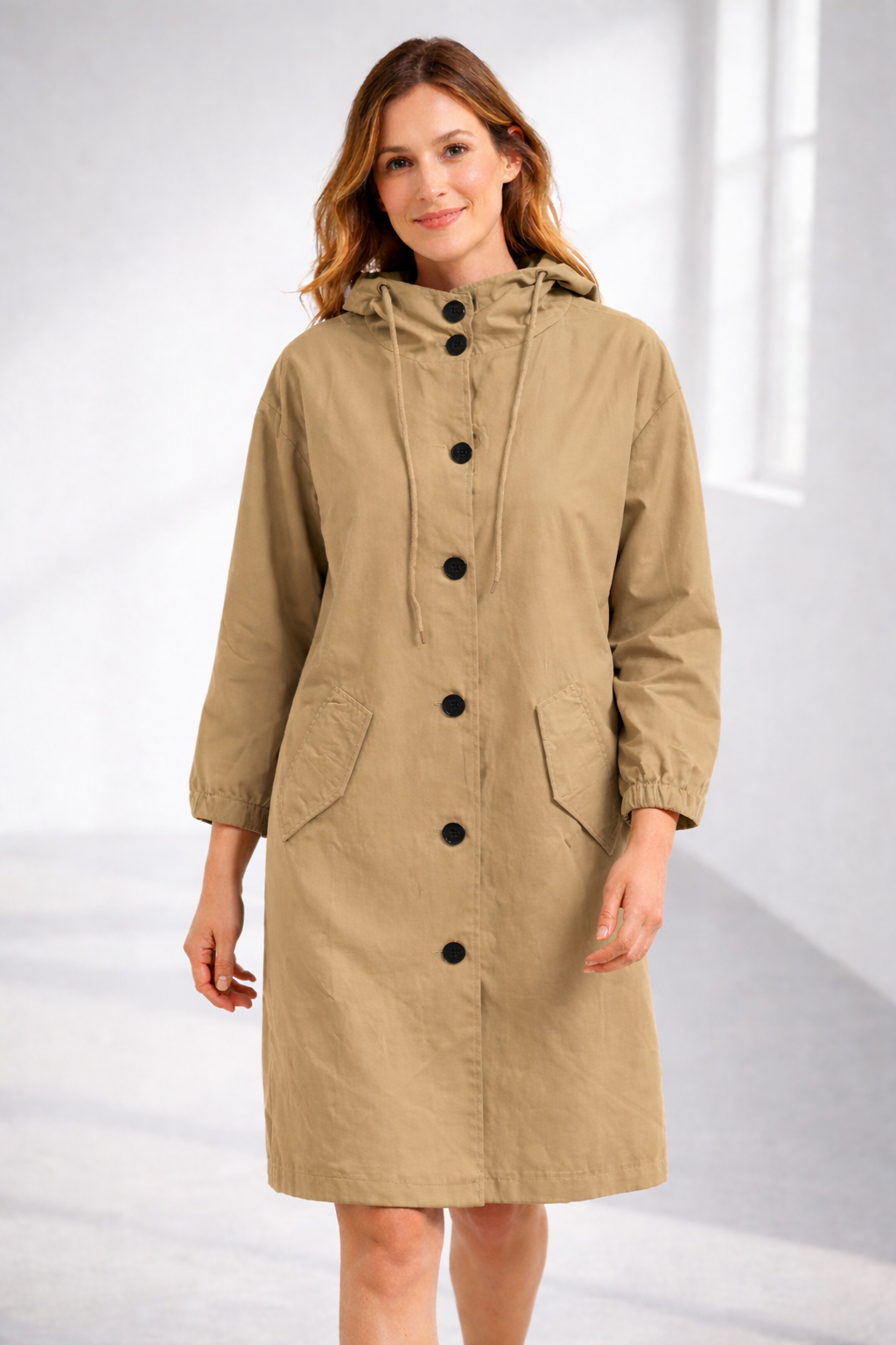 Women's Mid-Length Hooded Jacket — Relaxed Fit Button-Front Coat for Everyday & Transitional Weather | Koossa