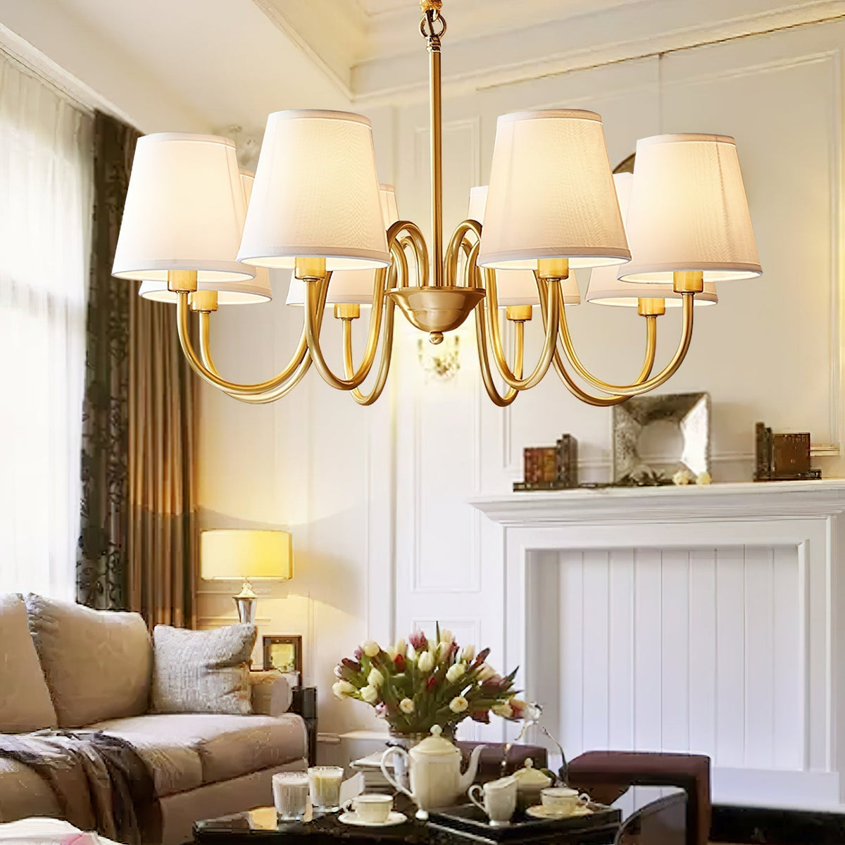 Classic Fabric Shade Chandelier with Brass Finish – Elegant Multi-Light Fixture for Dining Room, Living Room & Foyer | Lonoma