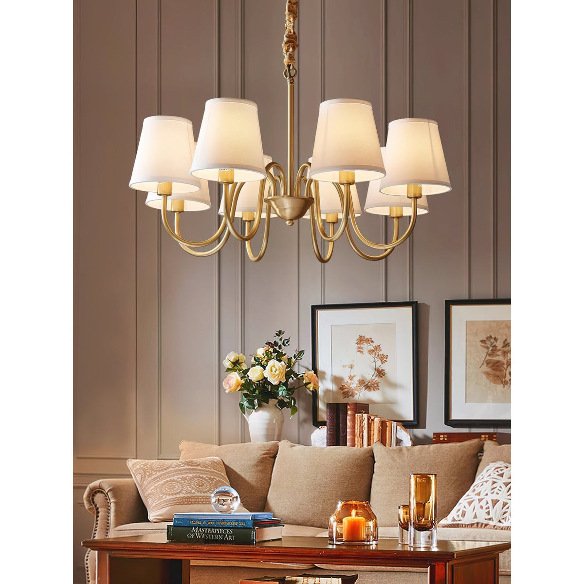 Classic Fabric Shade Chandelier with Brass Finish – Elegant Multi-Light Fixture for Dining Room, Living Room & Foyer | Lonoma