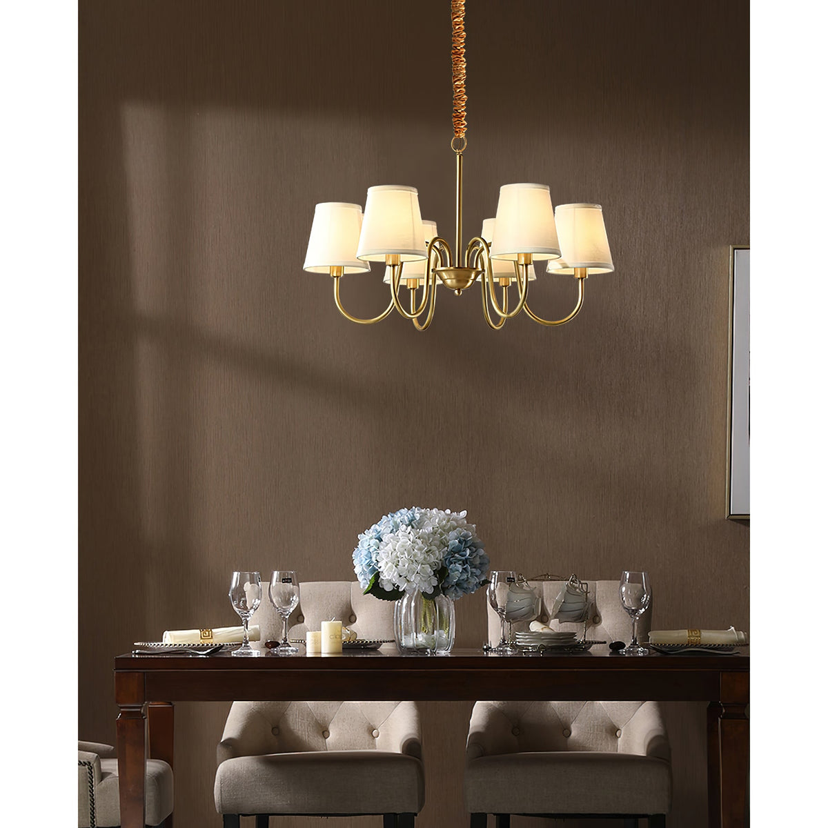 Classic Fabric Shade Chandelier with Brass Finish – Elegant Multi-Light Fixture for Dining Room, Living Room & Foyer | Lonoma