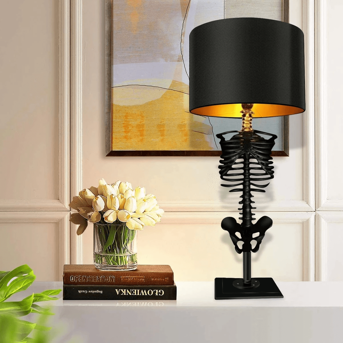 Skeleton Rib Cage Table Lamp, 13.8 in Black Resin Gothic Desk Lamp for Bedside, Nightstand, Bookshelf, Home Office & Moody Decor | Lonoma