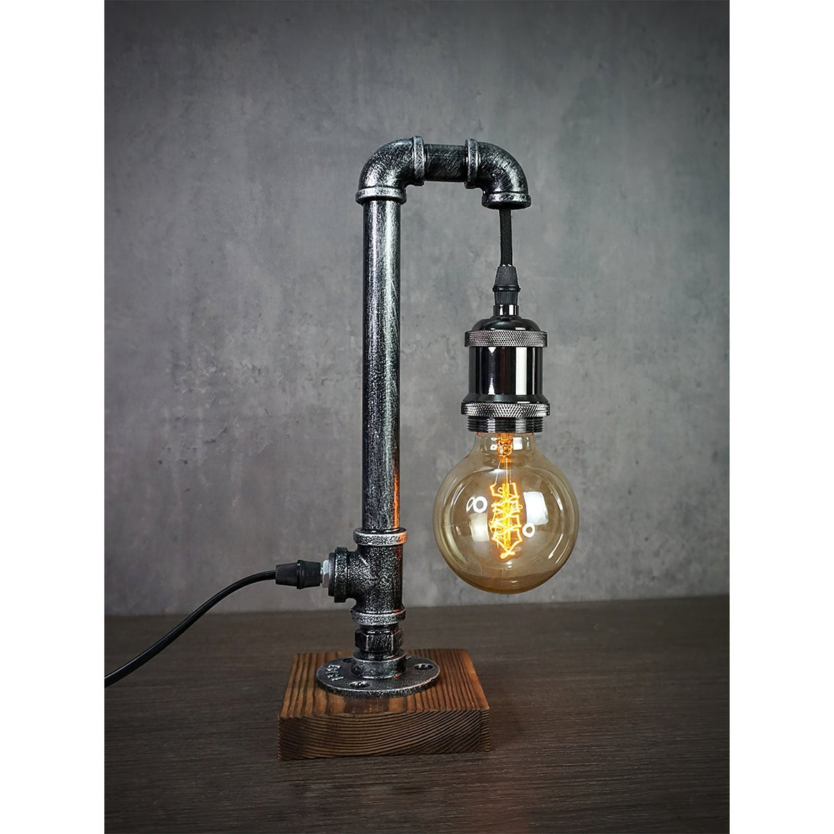 Industrial Pipe Table Lamp with Wood Base – Metal Desk Lighting for Home Office, Bedroom, Nightstand – Vintage Steampunk Design | Lonoma