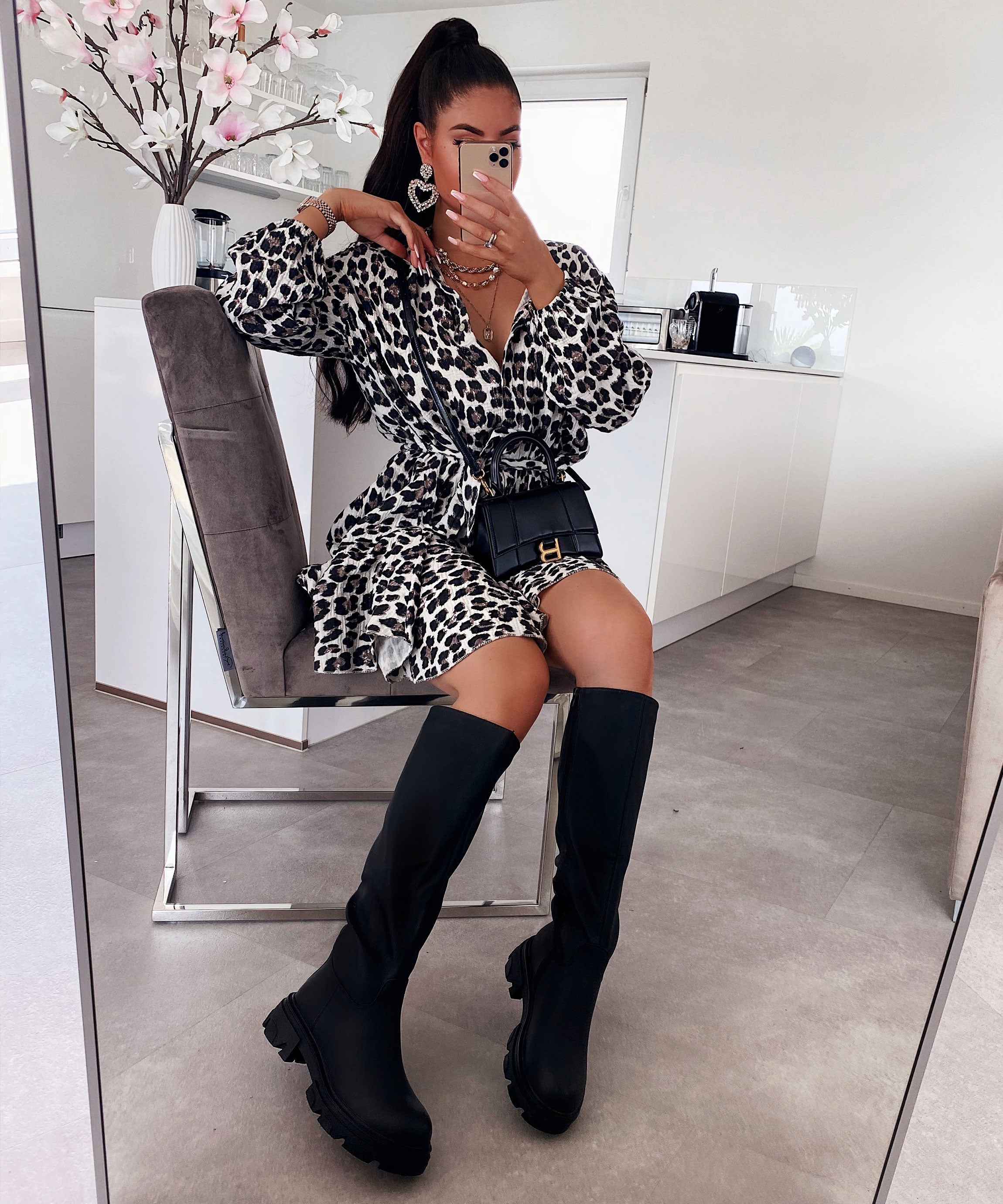 Women's Knee-High Boots Black Faux Leather Chunky Sole Slip-On Autumn Winter | Koossa