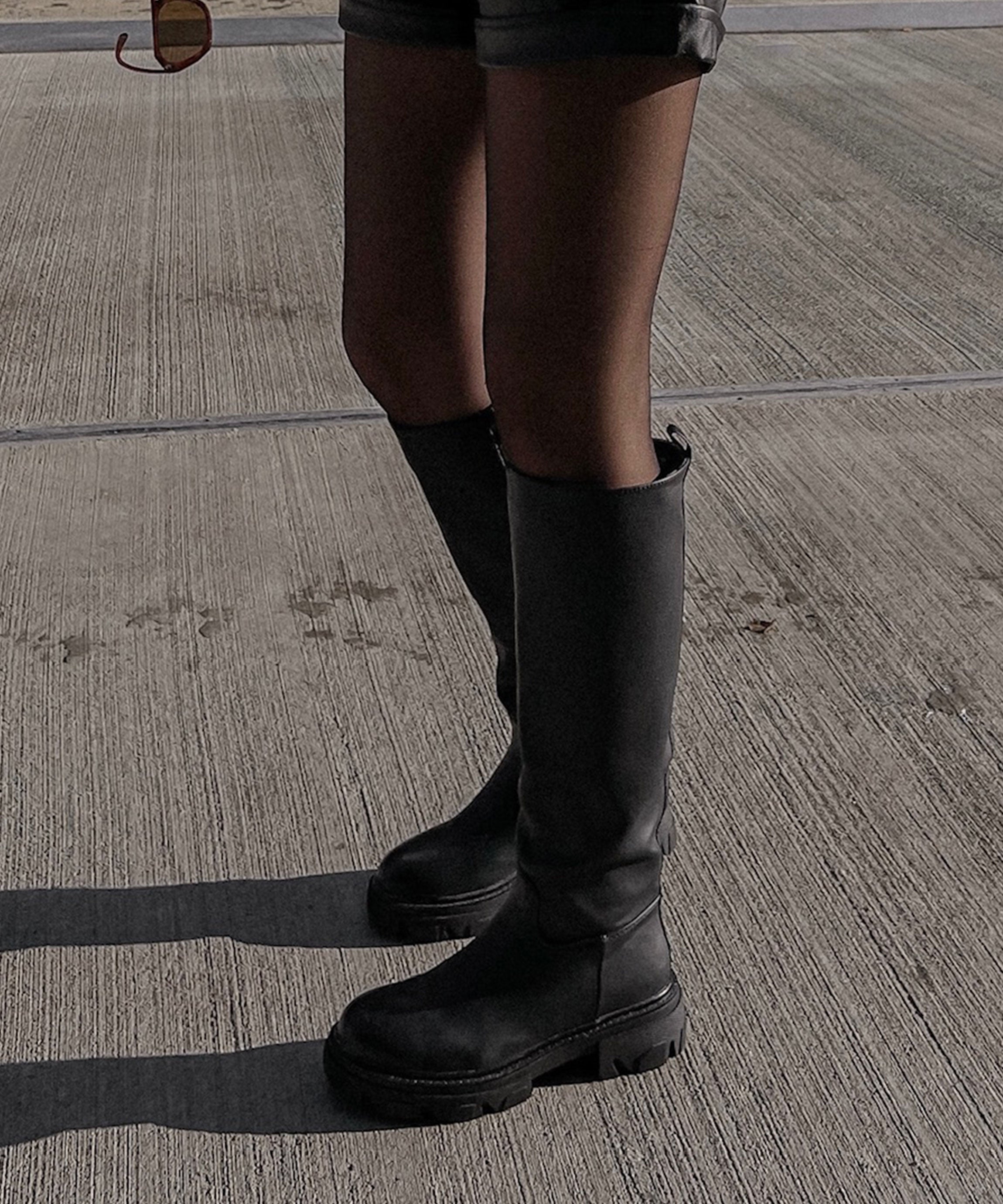 Women's Knee-High Boots Black Faux Leather Chunky Sole Slip-On Autumn Winter | Koossa