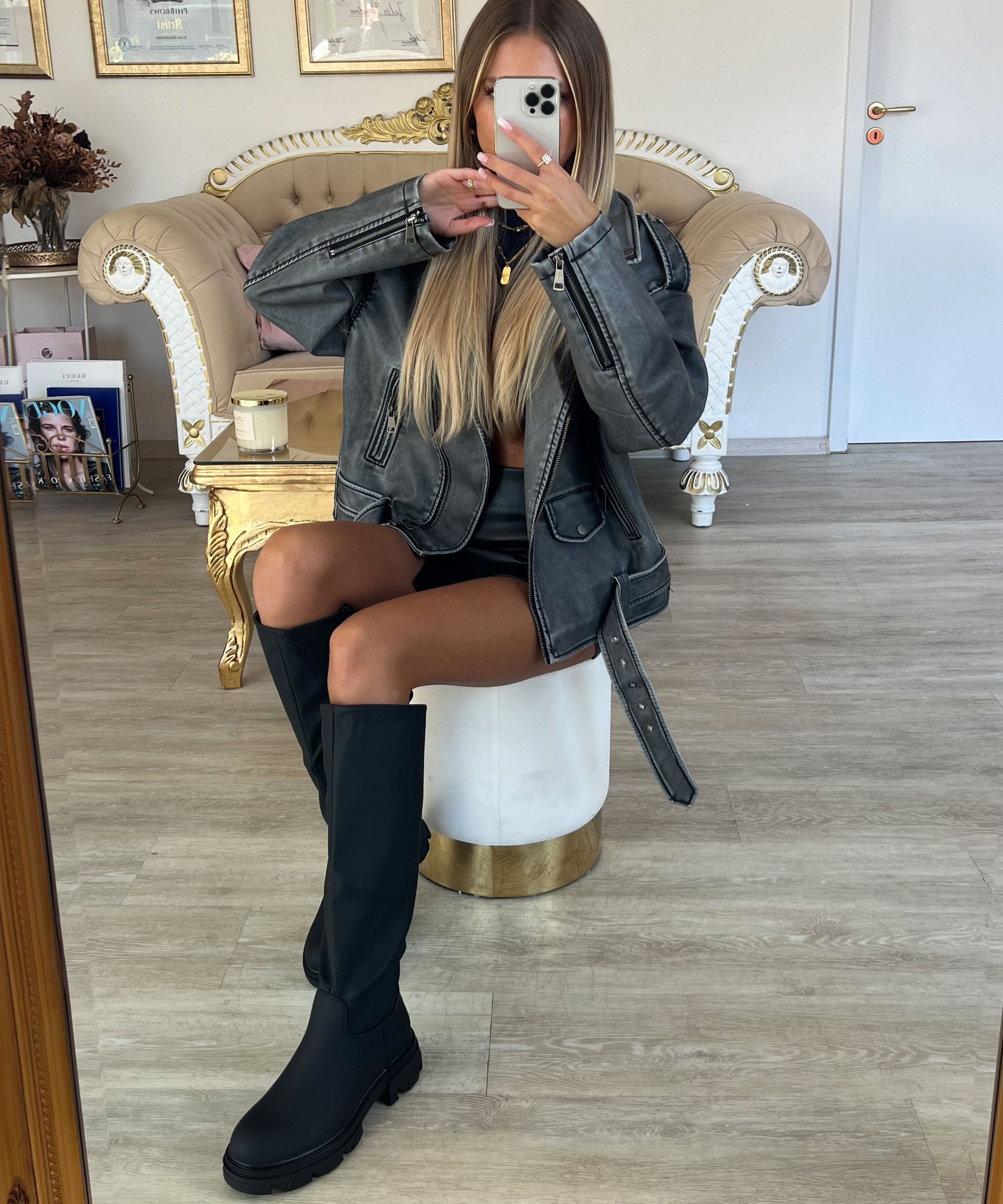 Women's Knee-High Boots Black Faux Leather Chunky Sole Slip-On Autumn Winter | Koossa