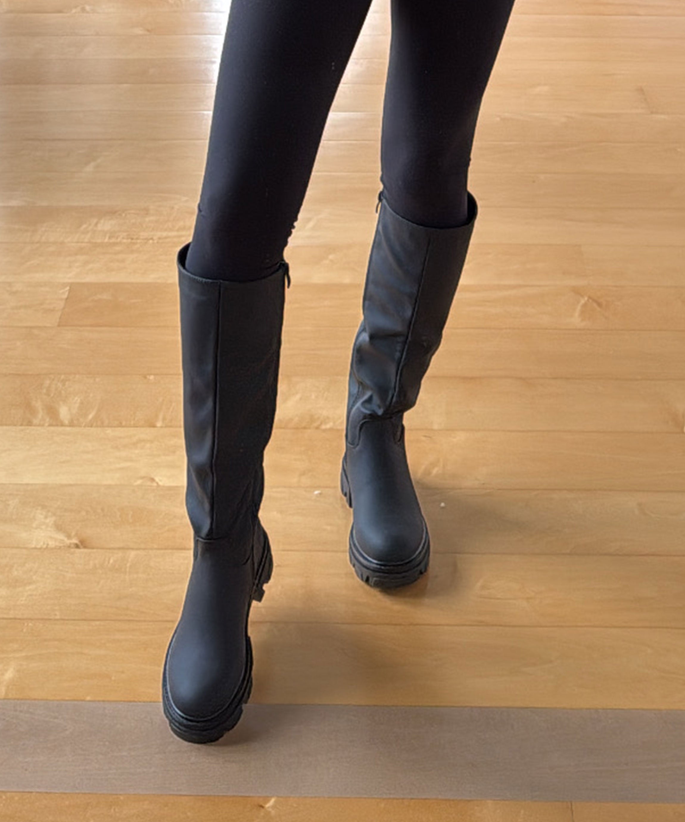 Women's Knee-High Boots Black Faux Leather Chunky Sole Slip-On Autumn Winter | Koossa