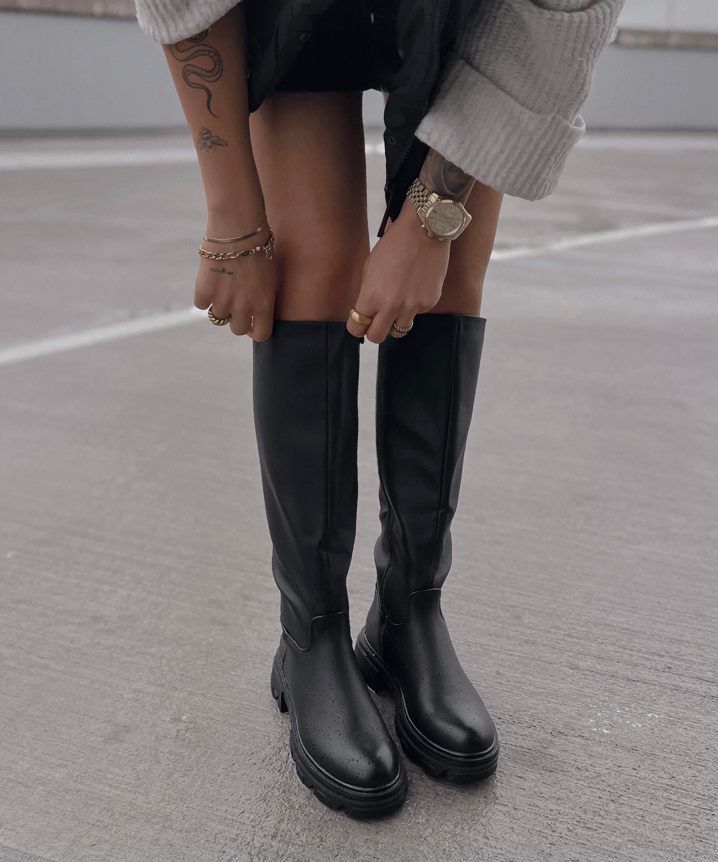Women's Knee-High Boots Black Faux Leather Chunky Sole Slip-On Autumn Winter | Koossa