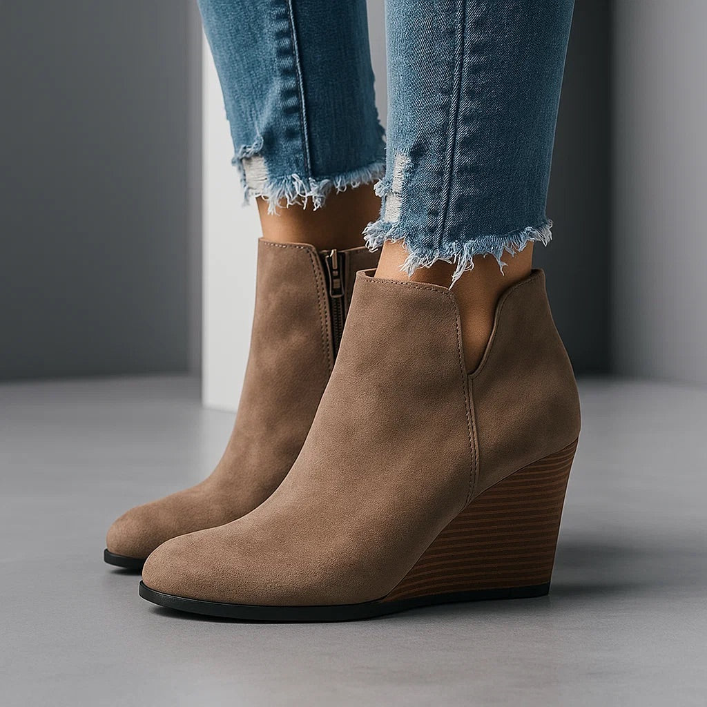 Women's Wedge Booties with Open Side Detail – Suede Low-Heel Ankle Boot for Everyday Wear, Work & Weekend Outfits | Lonoma