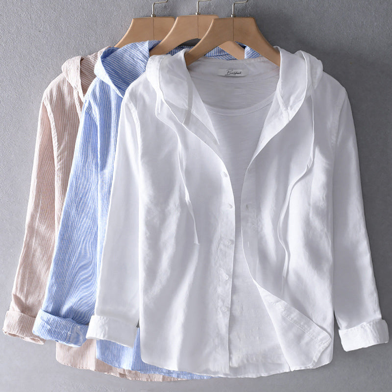 Women's Hooded Long-Sleeve Blouse in White, Blue, Pink & Grey – Casual Everyday Shirt for Spring & Summer | Koossa