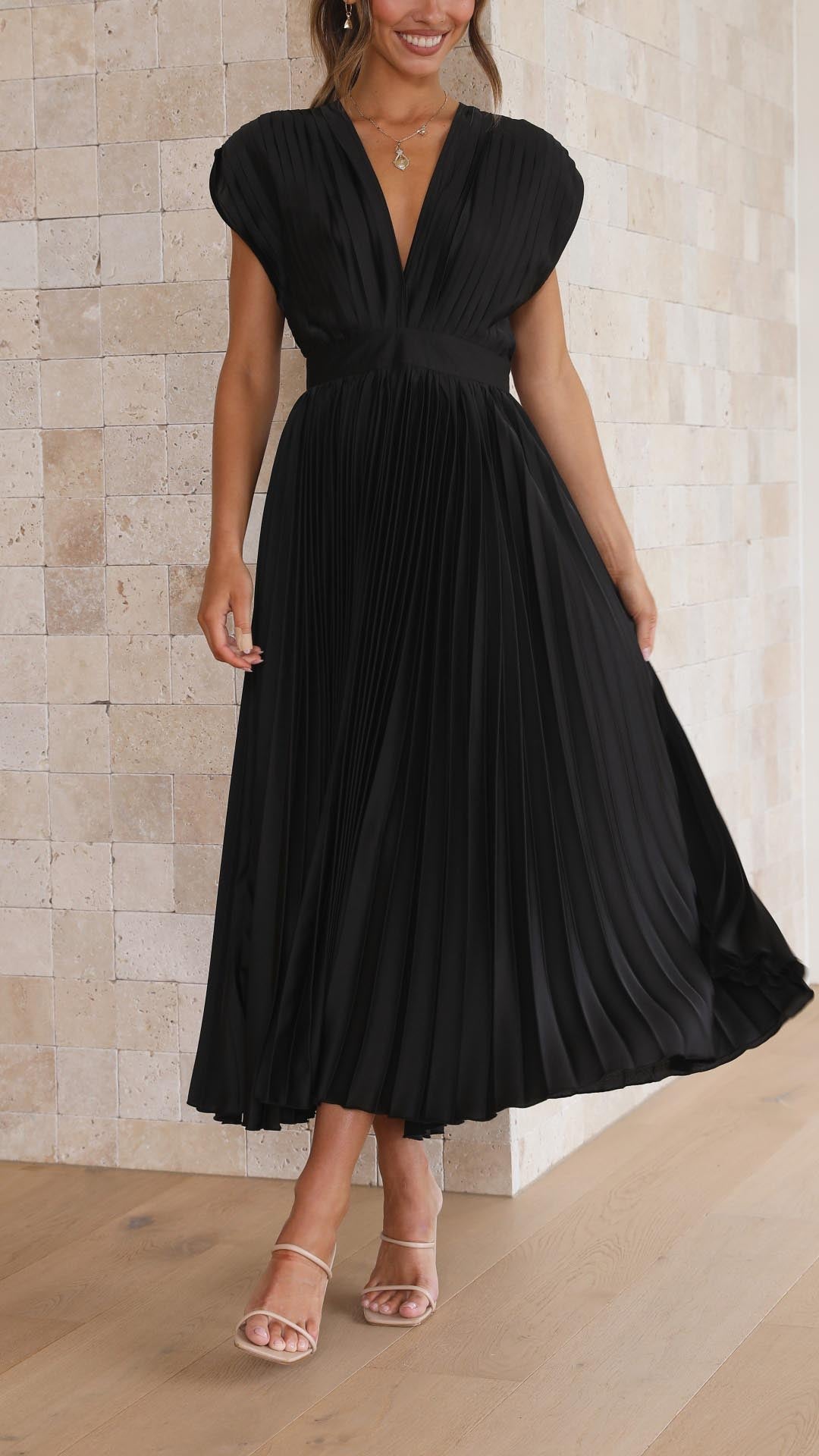 Women's Deep V-Neck Pleated Midi Dress in Soft Flowing Fabric for Spring and Summer Occasions | Koossa