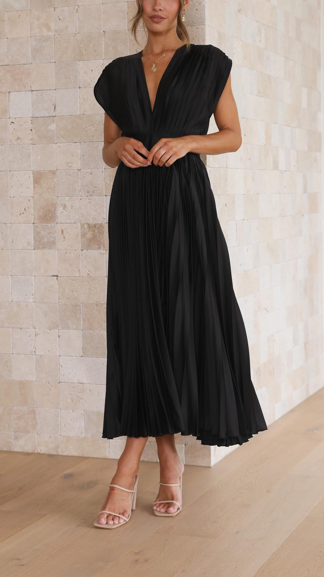 Women's Deep V-Neck Pleated Midi Dress in Soft Flowing Fabric for Spring and Summer Occasions | Koossa