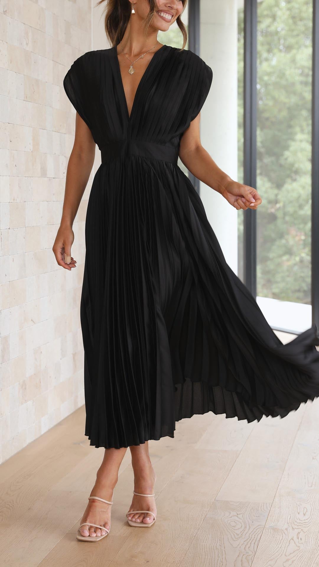 Women's Deep V-Neck Pleated Midi Dress in Soft Flowing Fabric for Spring and Summer Occasions | Koossa