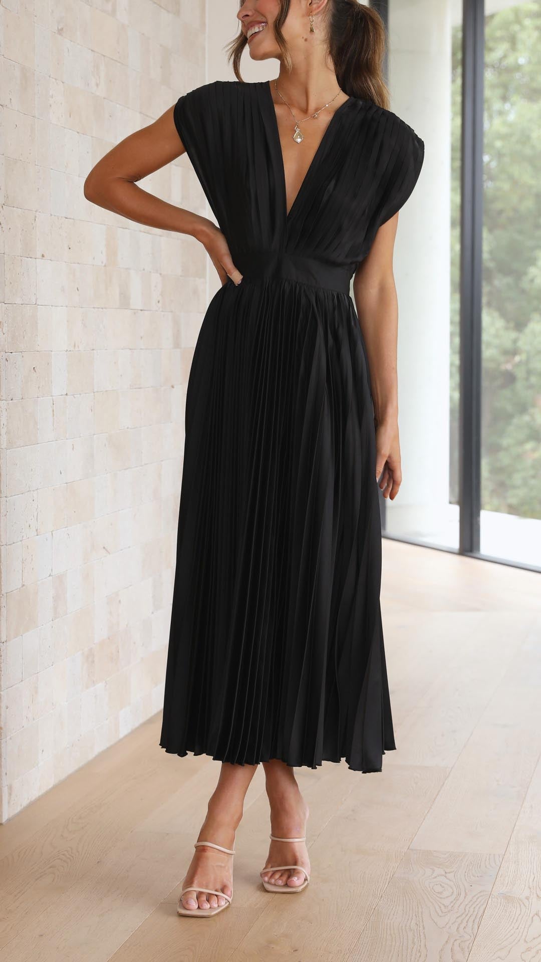 Women's Deep V-Neck Pleated Midi Dress in Soft Flowing Fabric for Spring and Summer Occasions | Koossa