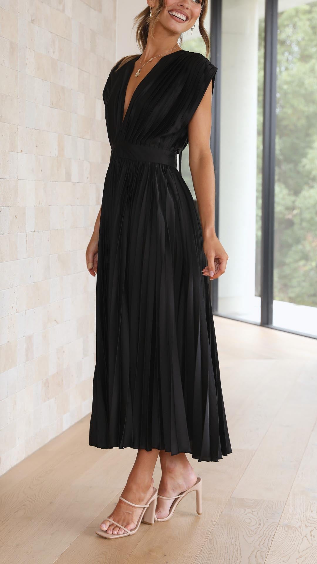 Women's Deep V-Neck Pleated Midi Dress in Soft Flowing Fabric for Spring and Summer Occasions | Koossa