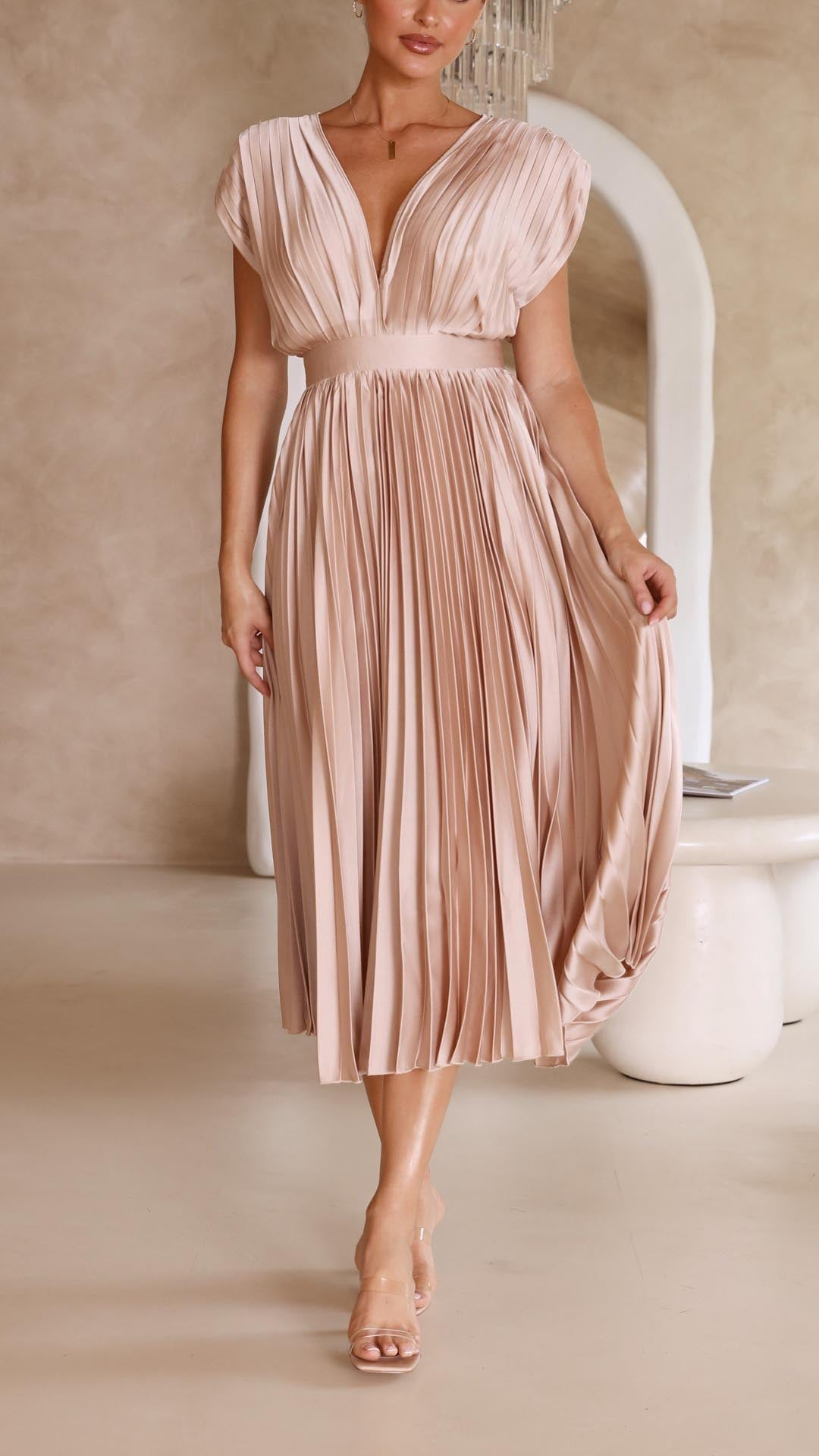 Women's Deep V-Neck Pleated Midi Dress in Soft Flowing Fabric for Spring and Summer Occasions | Koossa