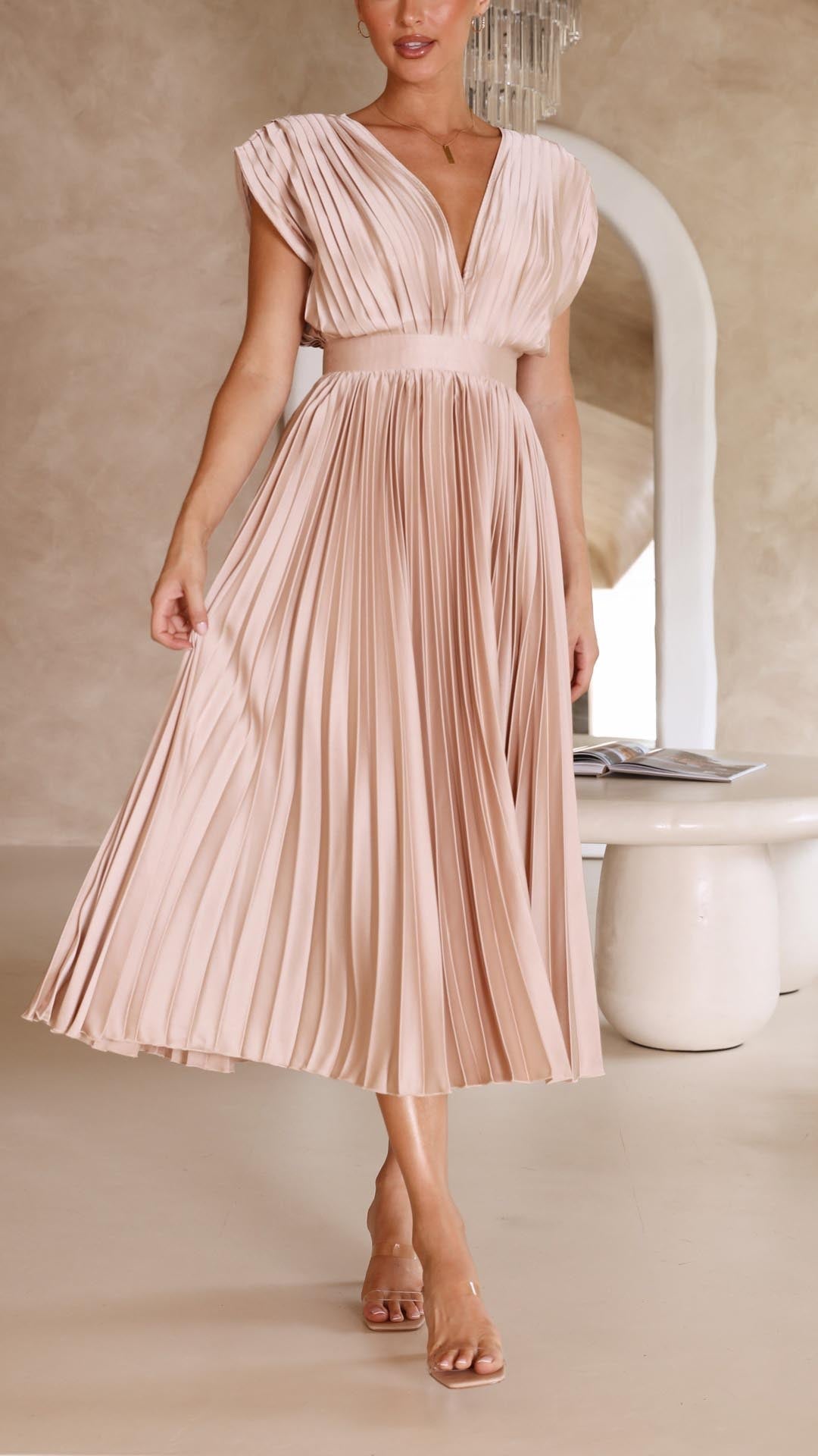 Women's Deep V-Neck Pleated Midi Dress in Soft Flowing Fabric for Spring and Summer Occasions | Koossa