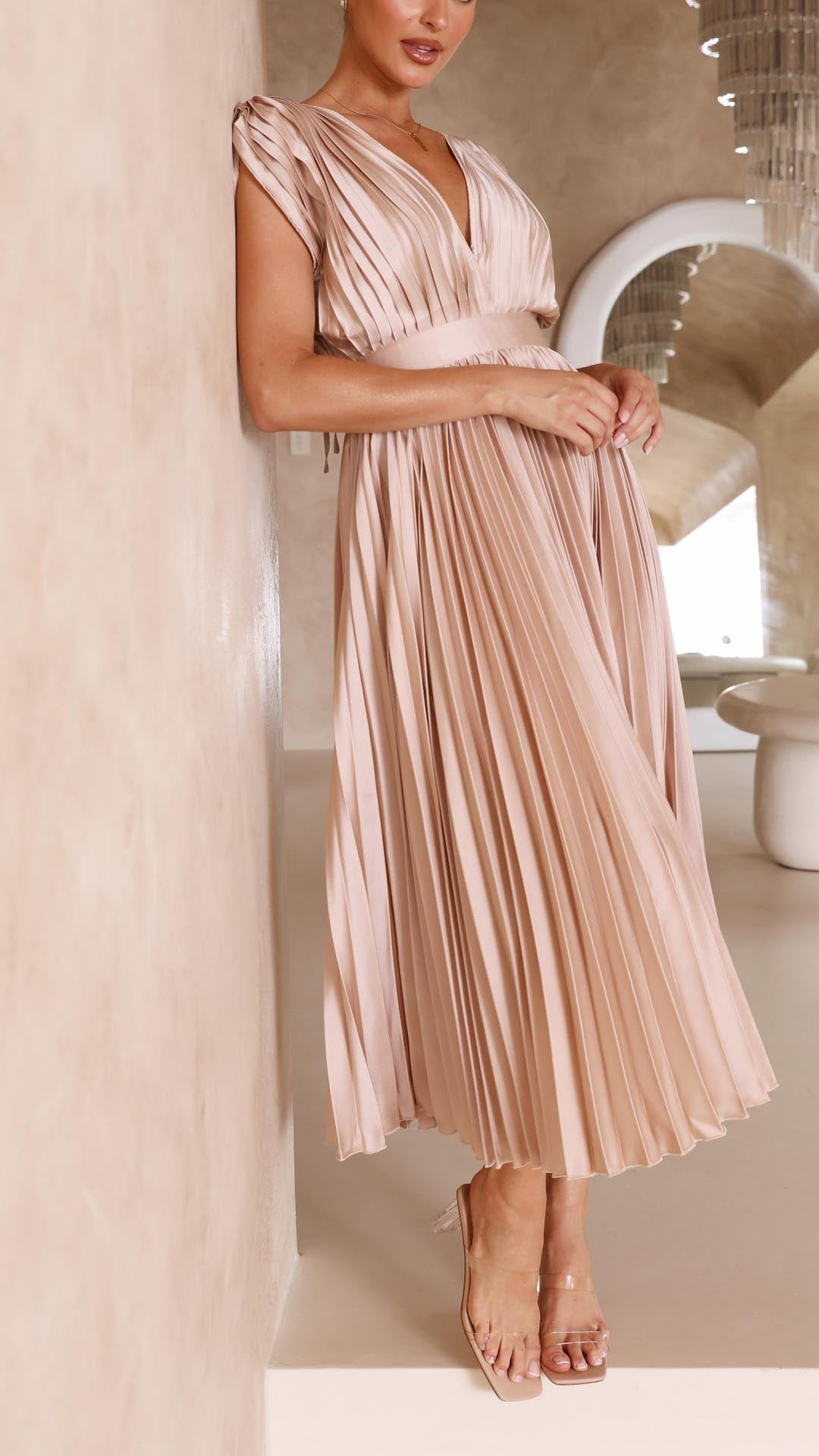 Women's Deep V-Neck Pleated Midi Dress in Soft Flowing Fabric for Spring and Summer Occasions | Koossa
