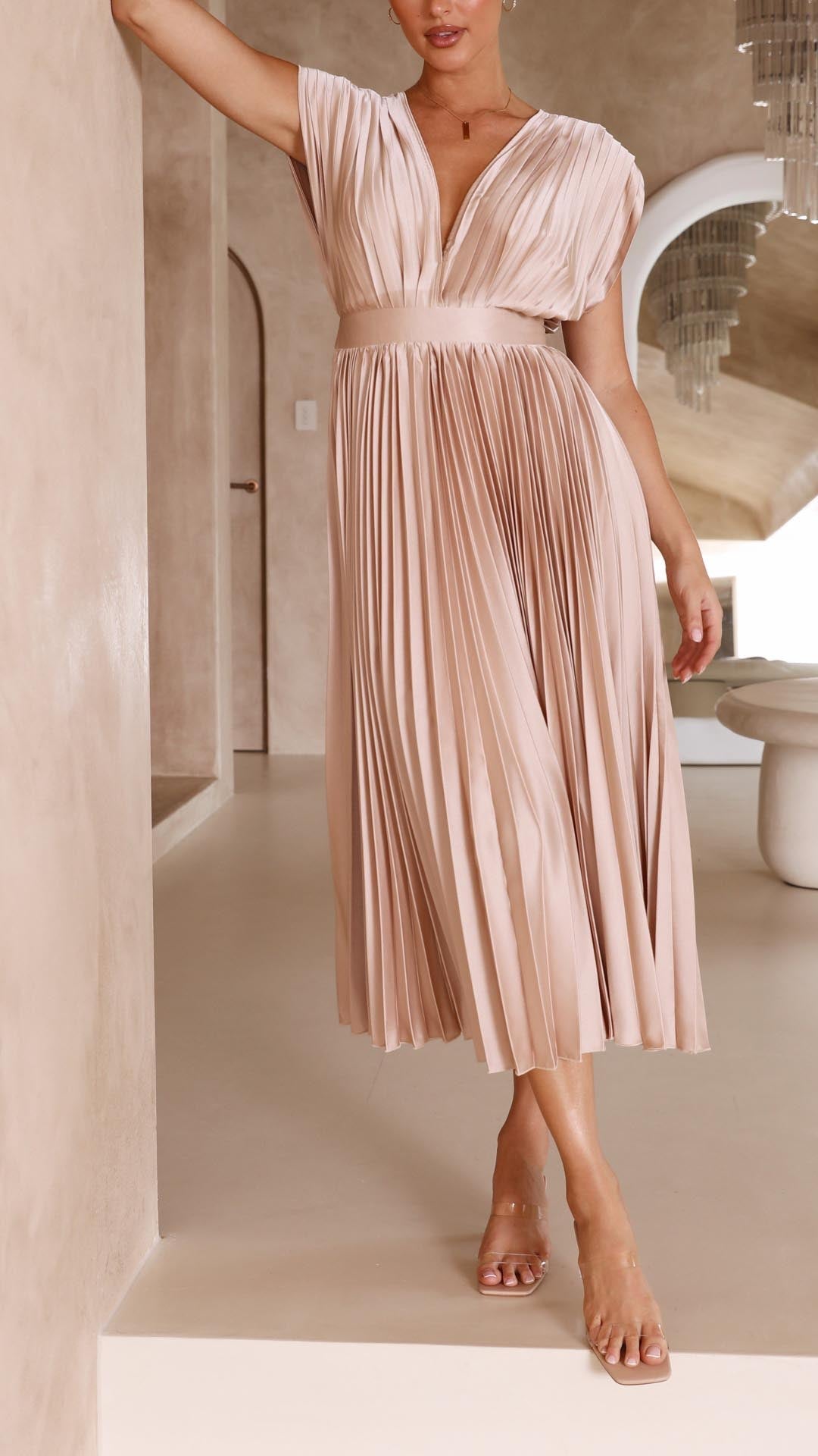 Women's Deep V-Neck Pleated Midi Dress in Soft Flowing Fabric for Spring and Summer Occasions | Koossa