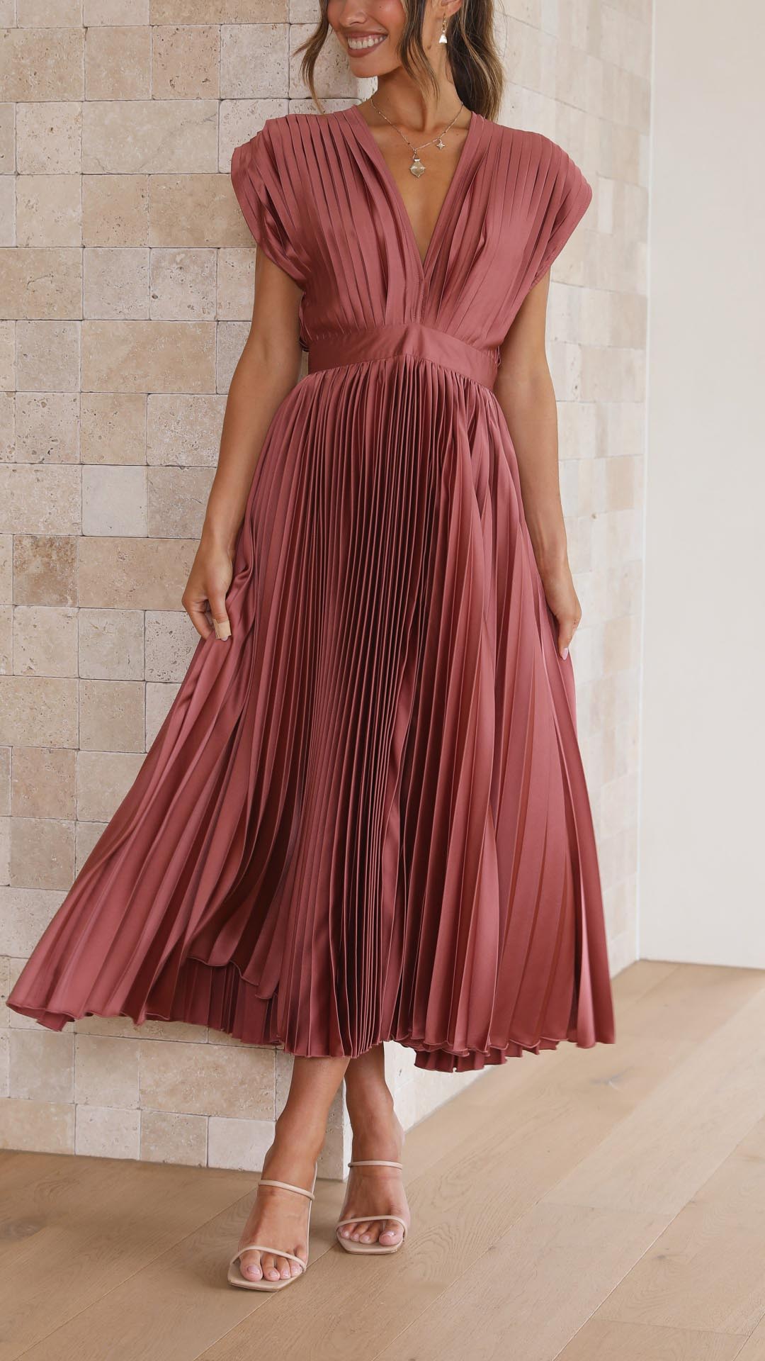 Women's Deep V-Neck Pleated Midi Dress in Soft Flowing Fabric for Spring and Summer Occasions | Koossa
