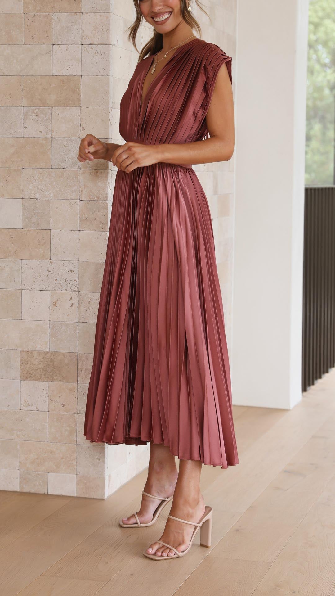 Women's Deep V-Neck Pleated Midi Dress in Soft Flowing Fabric for Spring and Summer Occasions | Koossa