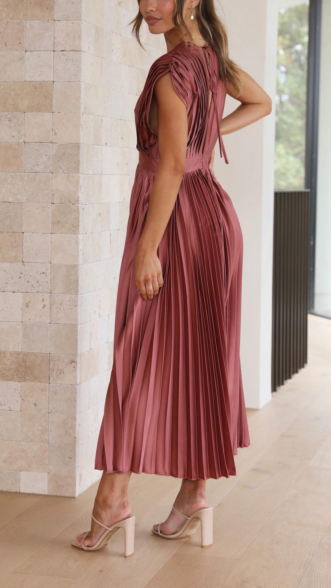 Women's Deep V-Neck Pleated Midi Dress in Soft Flowing Fabric for Spring and Summer Occasions | Koossa