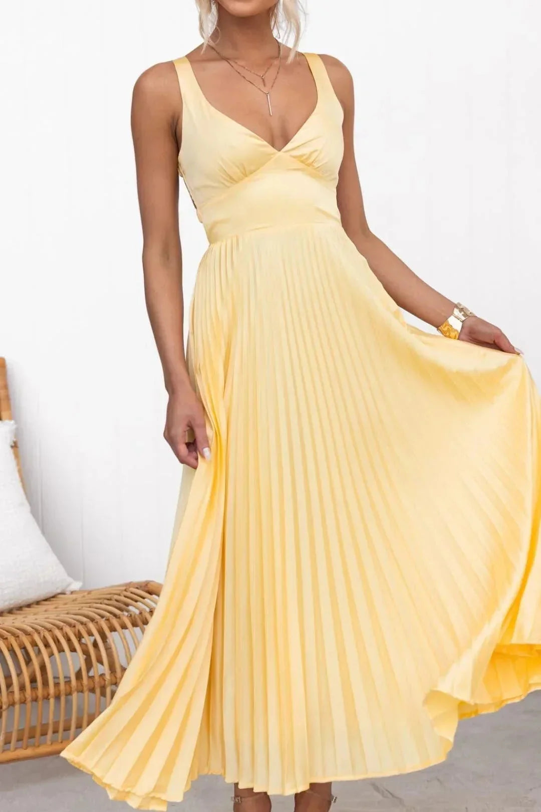 Sunburst Yellow Evening Gown with Pleated Skirt and Open Back | Formal Occasion Dress | Koossa