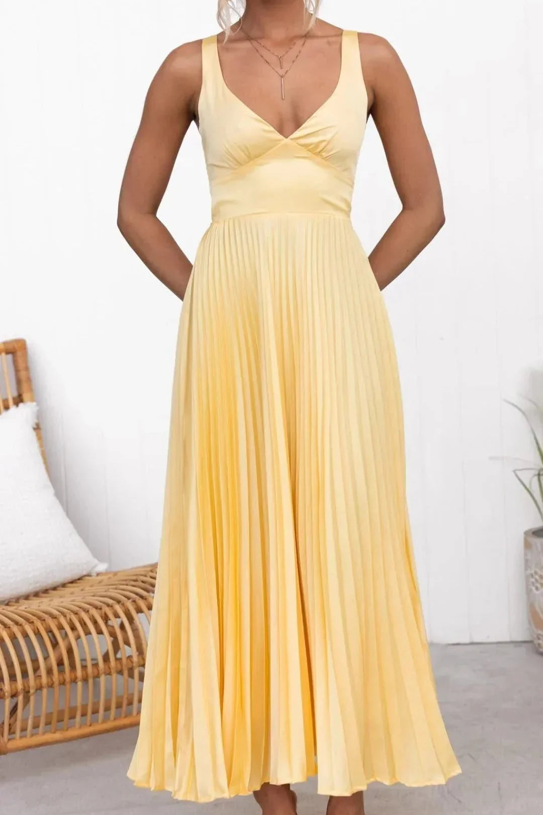 Sunburst Yellow Evening Gown with Pleated Skirt and Open Back | Formal Occasion Dress | Koossa