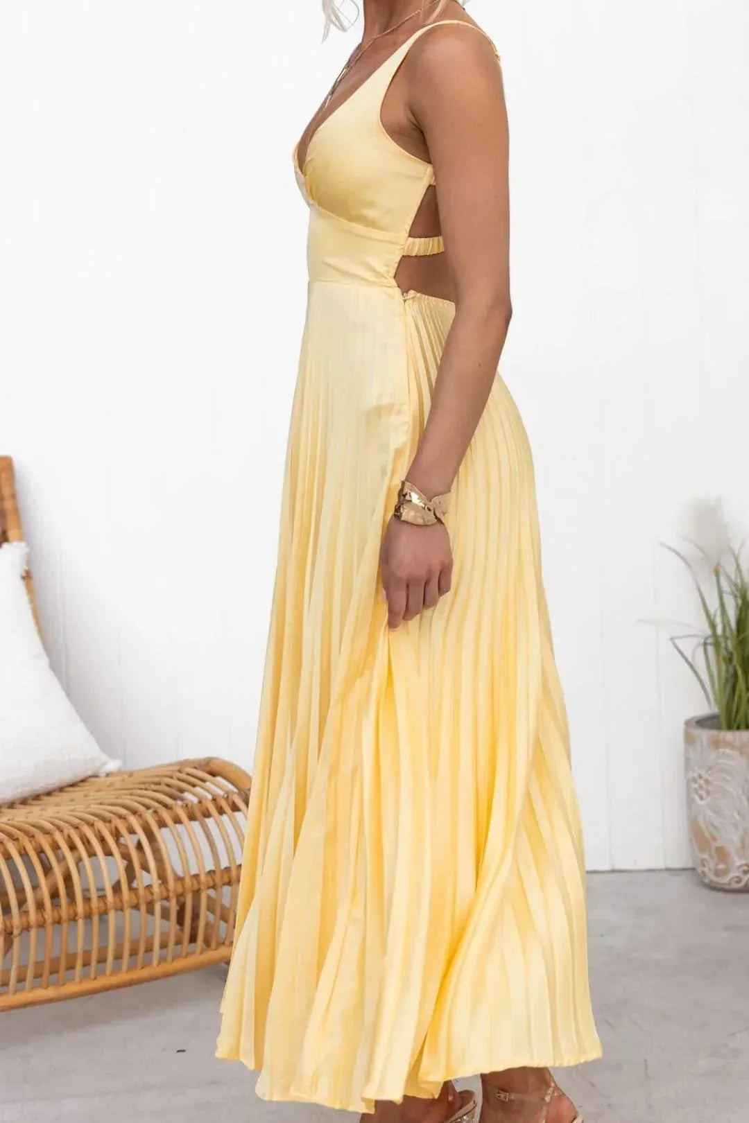 Sunburst Yellow Evening Gown with Pleated Skirt and Open Back | Formal Occasion Dress | Koossa