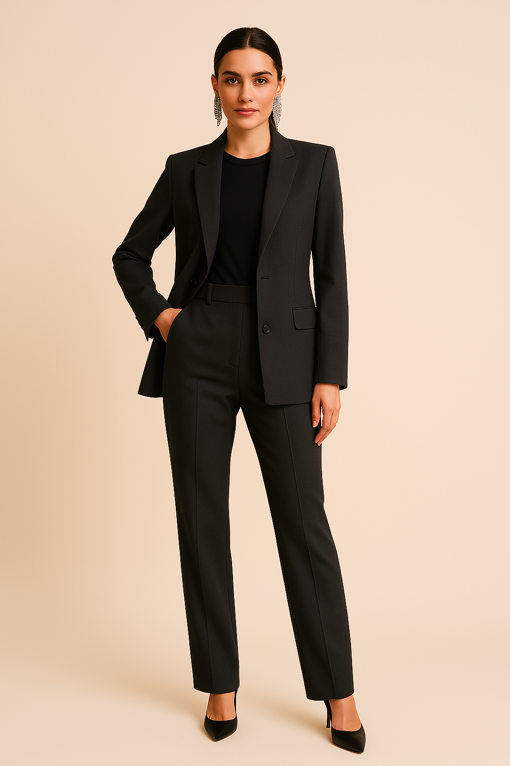 Women's Tailored Blazer and Pleated Trousers Two-Piece Suit in Pink, Beige, and Black – Classic Workwear Separates for Professional and Social Occasions | Koossa