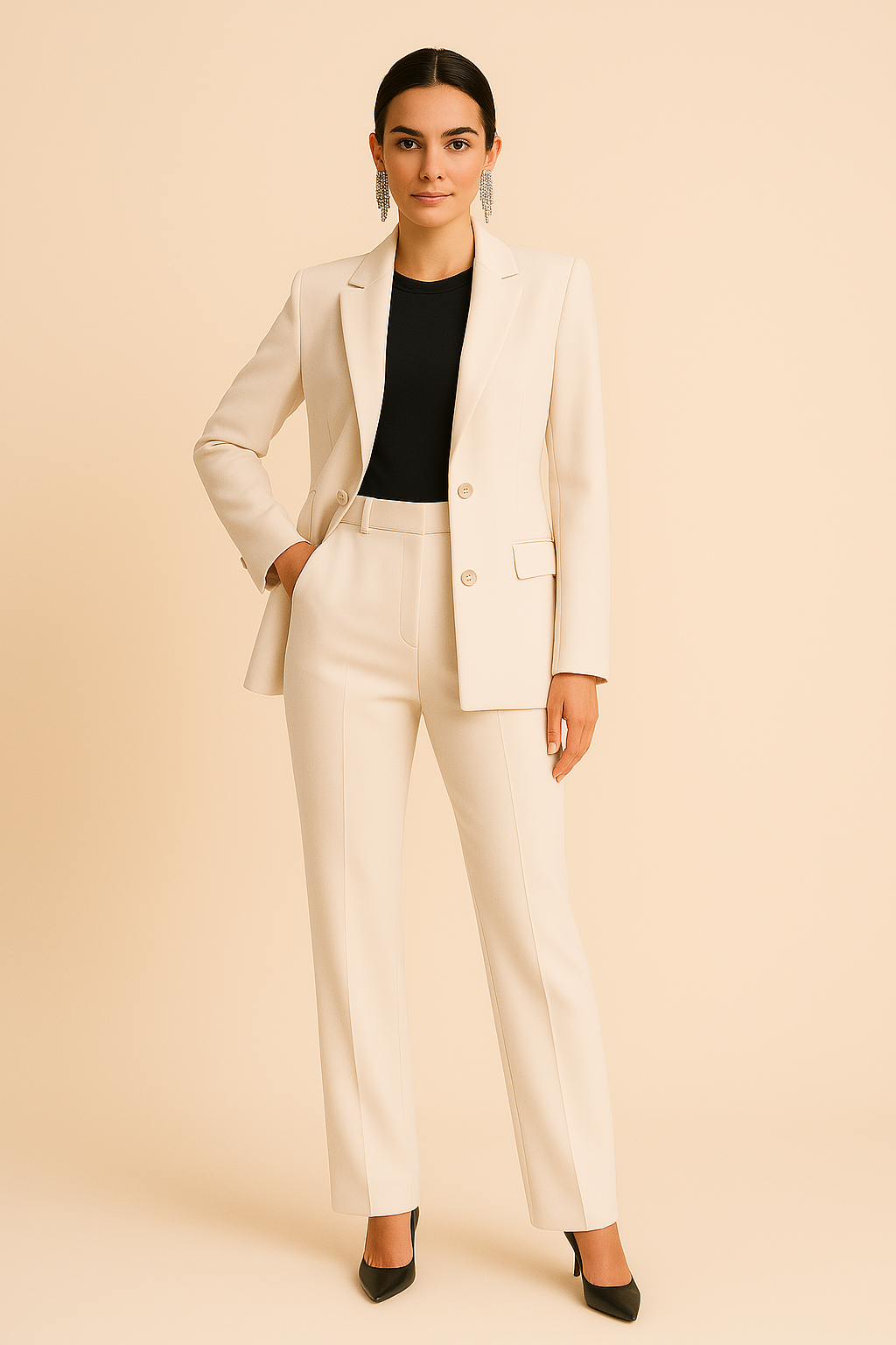 Women's Tailored Blazer and Pleated Trousers Two-Piece Suit in Pink, Beige, and Black – Classic Workwear Separates for Professional and Social Occasions | Koossa
