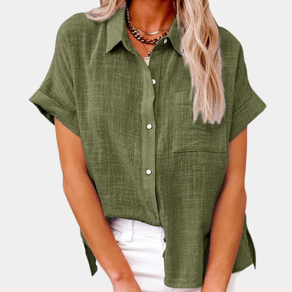 Women's Relaxed Cotton-Linen Blouse – Short Sleeve Shirt for Summer Days & Casual Elegance | Koossa