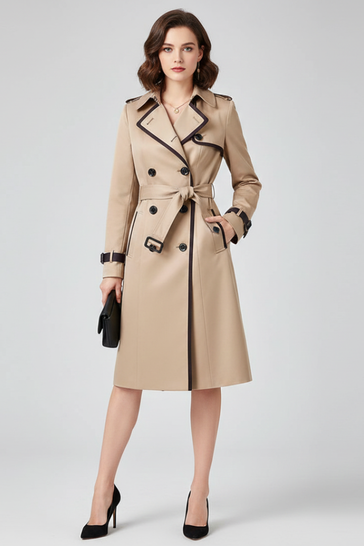 Women's Belted Trench Coat Knee Length Textured Outerwear Jacket Classic Lapel Collar Long Sleeve Windbreaker for Work Office Business | Lonoma