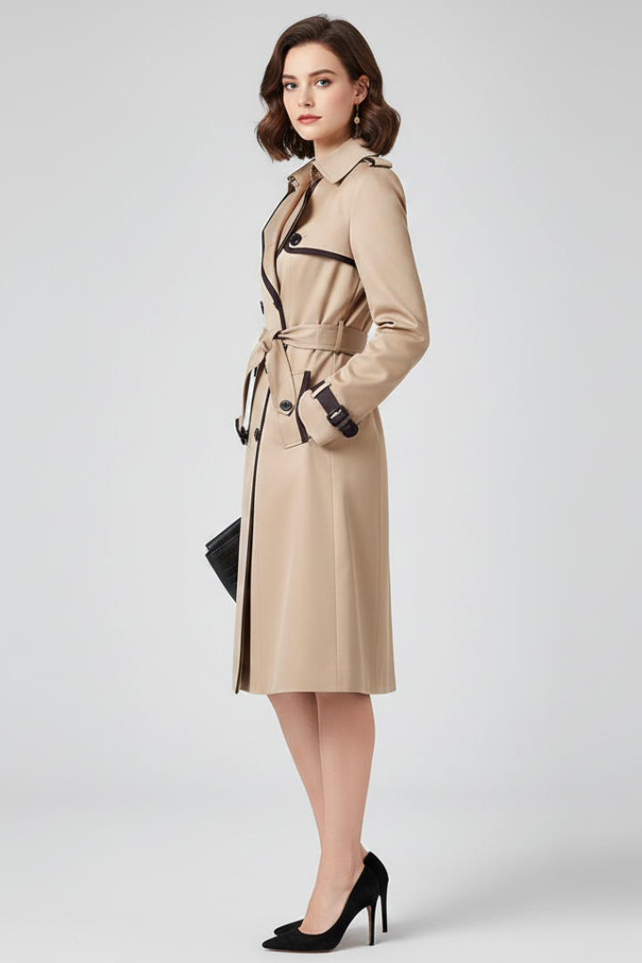 Women's Belted Trench Coat Knee Length Textured Outerwear Jacket Classic Lapel Collar Long Sleeve Windbreaker for Work Office Business | Lonoma