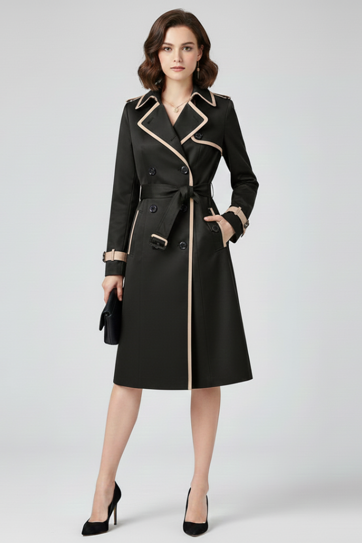 Women's Belted Trench Coat Knee Length Textured Outerwear Jacket Classic Lapel Collar Long Sleeve Windbreaker for Work Office Business | Lonoma