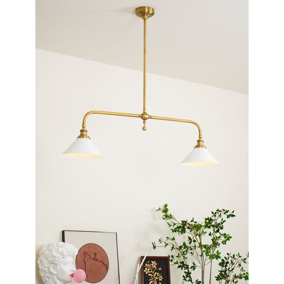 Brushed Brass Pendant Light with Flared Cone Shades for Dining Room & Kitchen Island | Dual Head Suspension Fixture | Lonoma