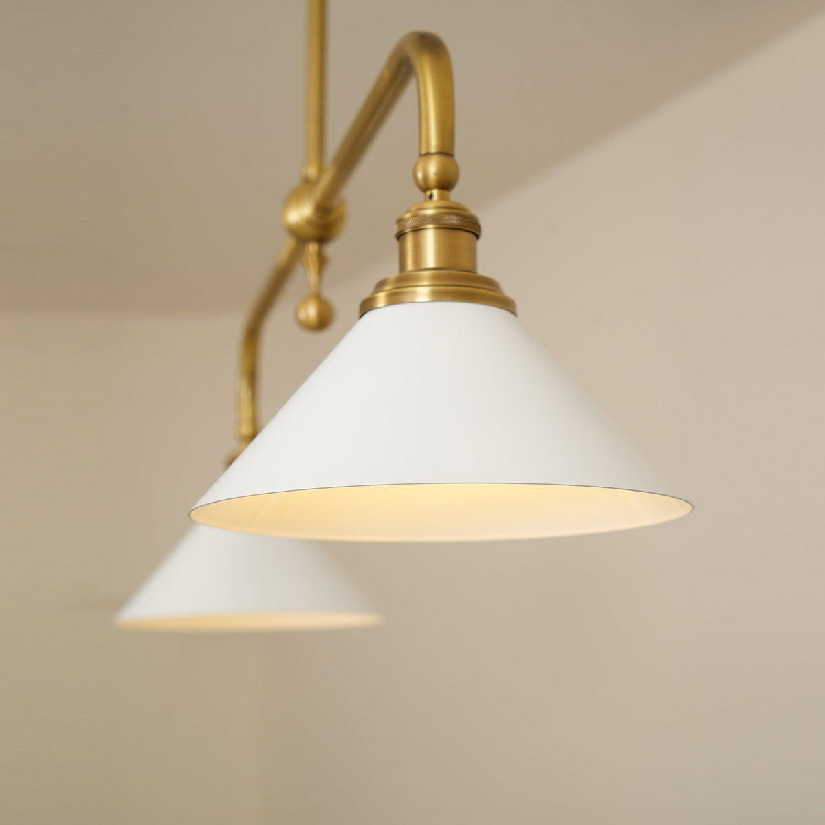 Brushed Brass Pendant Light with Flared Cone Shades for Dining Room & Kitchen Island | Dual Head Suspension Fixture | Lonoma