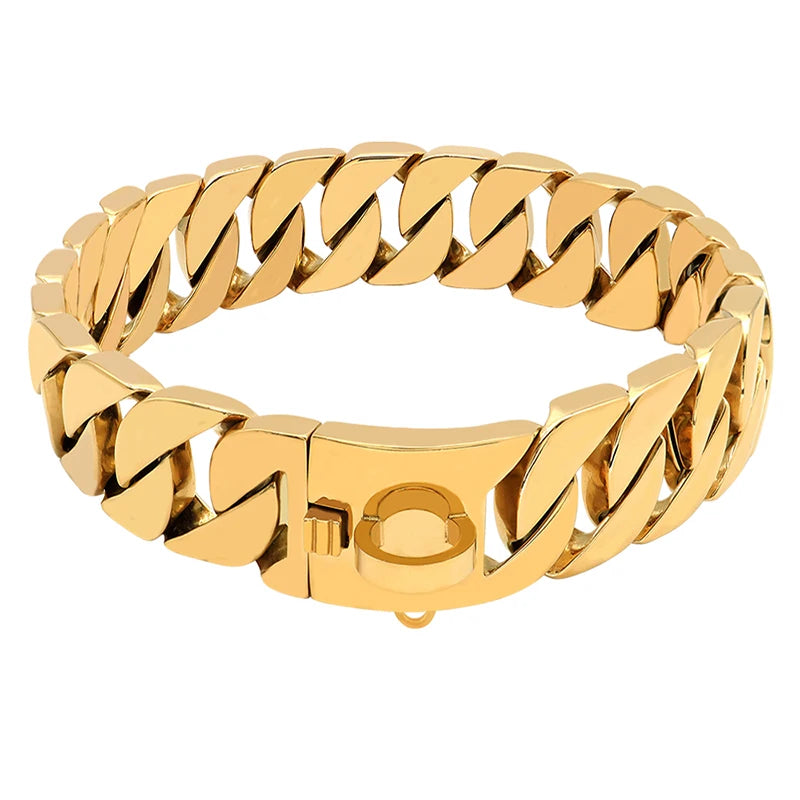 Dog Chain Collar Stainless Steel 18K Gold Plated Large Breed Heavy Duty Cuban Link Adjustable 32mm Wide | Koossa
