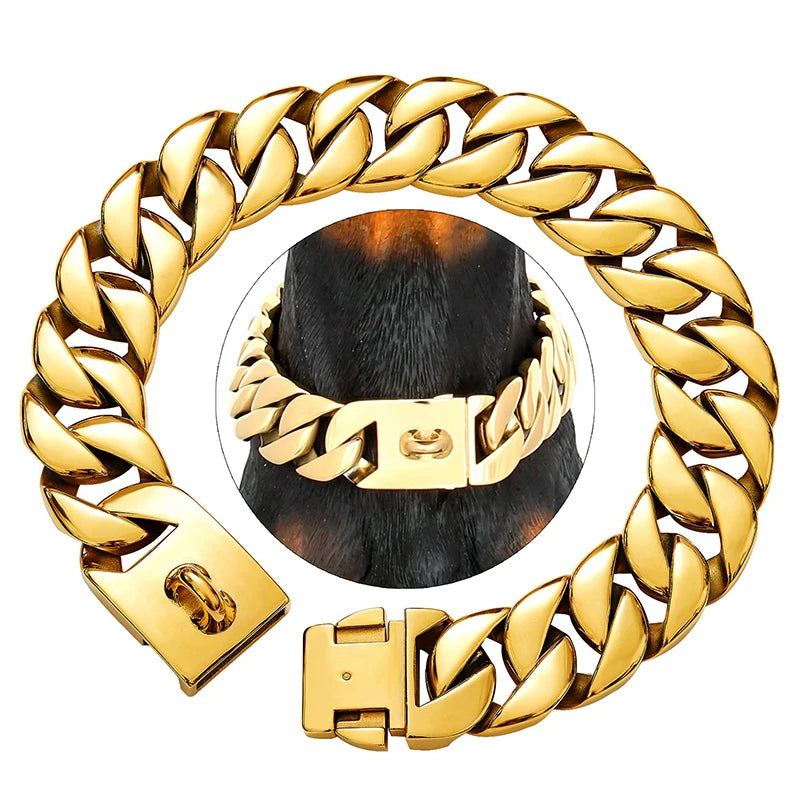 Dog Chain Collar Stainless Steel 18K Gold Plated Large Breed Heavy Duty Cuban Link Adjustable 32mm Wide | Koossa