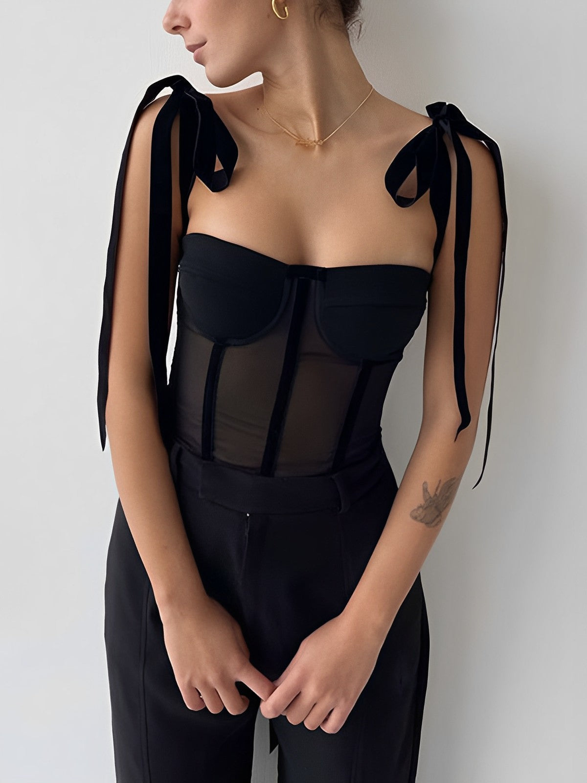 Women's Black Mesh Corset-Inspired Top — Fitted Evening Top for Special Occasions & Elegant Nights | Koossa